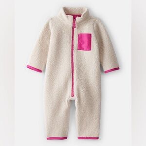 Baby Girl Color Block Fleece Long-Sleeve Jumpsuit - Cream/Pink